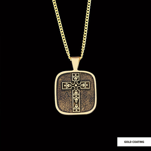 Christian Cross Pendants, Gold Plated Silver Cross Necklace, Square Motif Cross Silver Necklace by SWISS PLUS - Christian Col