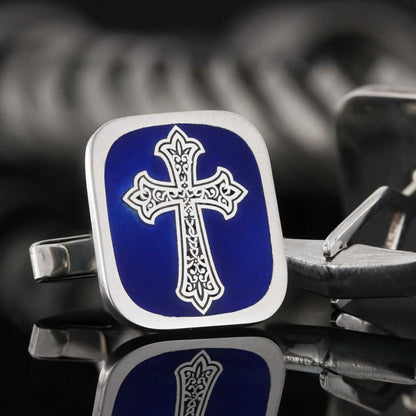 Square Custom Design Silver Christian Cross Embroidered Cufflink by SWISS PLUS - Christian Collection