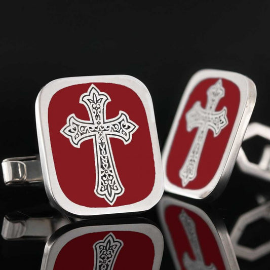 Square Custom Design Silver Christian Cross Embroidered Cufflink - view 2