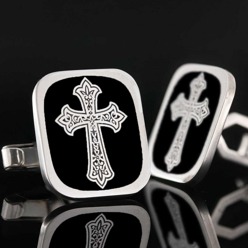 Square Custom Design Silver Christian Cross Embroidered Cufflink - view 4