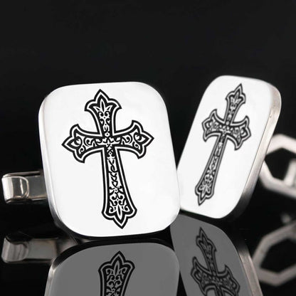 Square Custom Design Silver Christian Cross Embroidered Cufflink by SWISS PLUS - Christian Collection - view 5