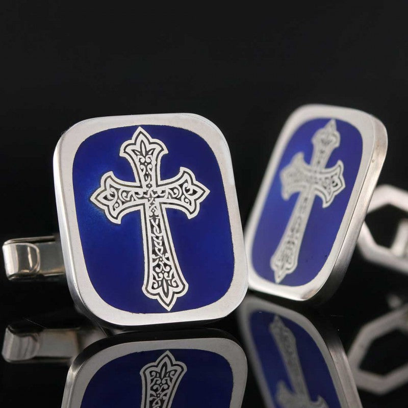 Square Custom Design Silver Christian Cross Embroidered Cufflink