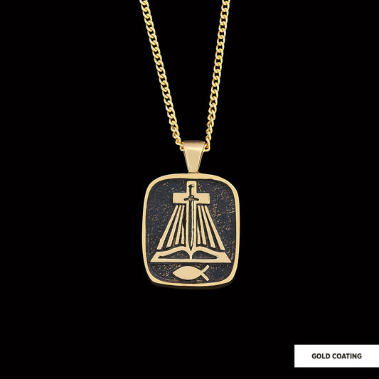 Christian Sword Necklace, Christianity Ichthus Necklace, Cross Necklace, Religion Book Pendant Gold Coating