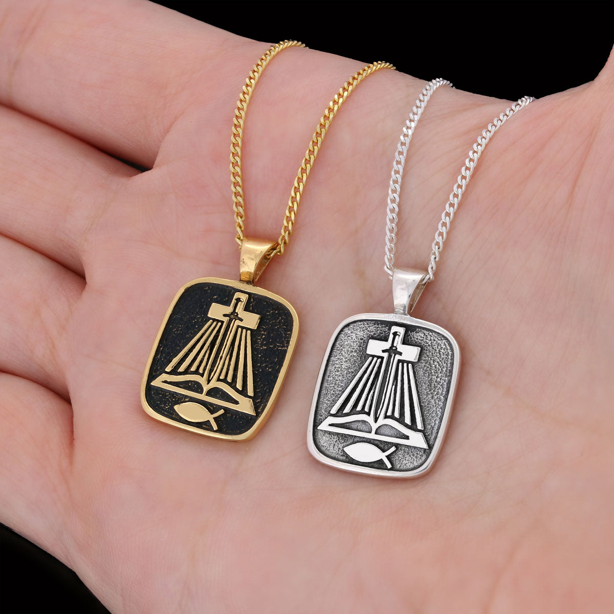 Christian Sword Necklace, Christianity Ichthus Necklace, Cross Necklace, Religion Book Pendant Gold Coating
