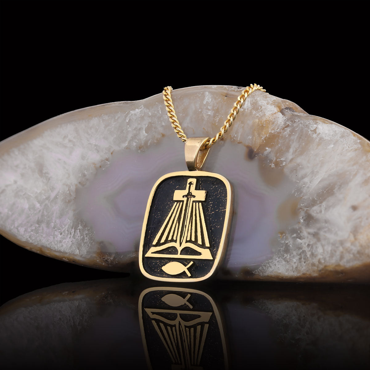 Christian Sword Necklace, Christianity Ichthus Necklace, Cross Necklace, Religion Book Pendant Gold Coating
