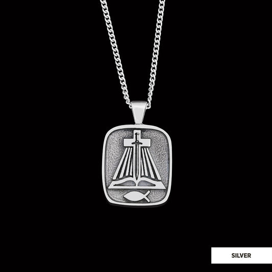 Christian Sword Necklace, Christianity Ichthus Necklace, Cross Necklace, Religion Book Pendant Silver