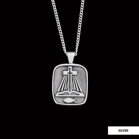 Christian Sword Necklace, Christianity Ichthus Necklace, Cross Necklace, Religion Book Pendant Silver