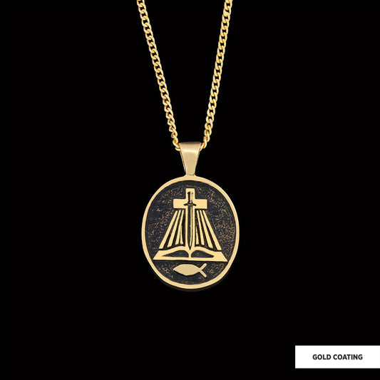 Christian Sword Necklace, Religion Book Necklace, Christianity Ichthus Necklace, Cross Necklace, Religious Jewelry Gold Coating