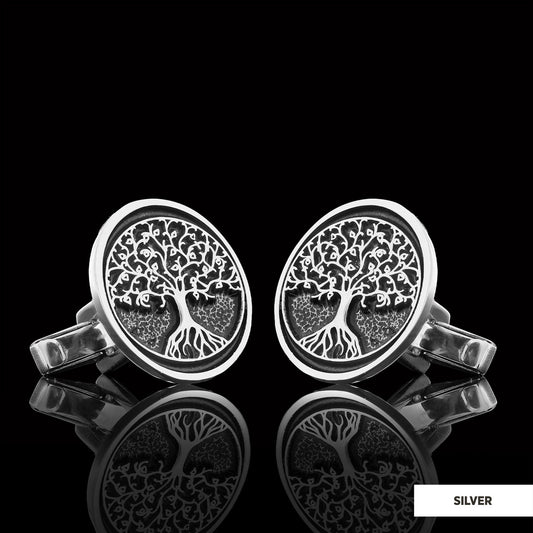 Christian Tree of Life Gold Plated Silver Cufflinks, Silver Oval Tree of Life Cufflinks, Silver Christian Cufflinks