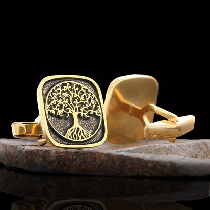 Christian Tree of Life Gold Plated Silver Cufflinks, Silver Square Tree of Life Cufflinks, 925 Sterling Silver Christian Cuff