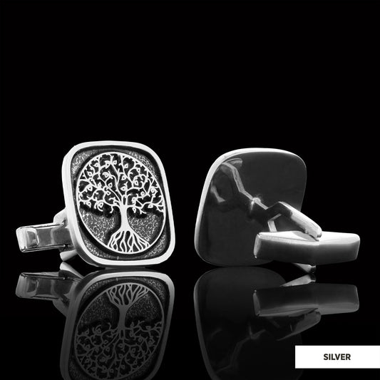 Christian Tree of Life Gold Plated Silver Cufflinks, Silver Square Tree of Life Cufflinks, 925 Sterling Silver Christian Cufflinks Silver