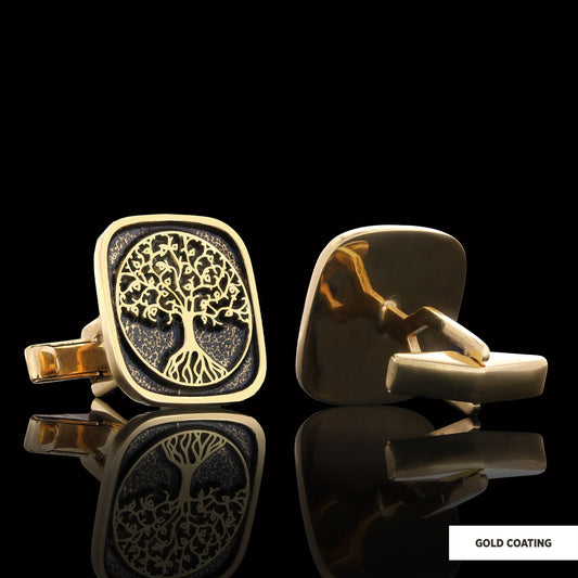 Christian Tree of Life Gold Plated Silver Cufflinks, Silver Square Tree of Life Cufflinks, 925 Sterling Silver Christian Cuff