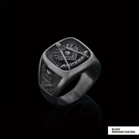 Compass Embossed Masonic Ring, Square Mason Ring, Ancient Lodge Mason Ring by SWISS PLUS - Mason Collection - view 2