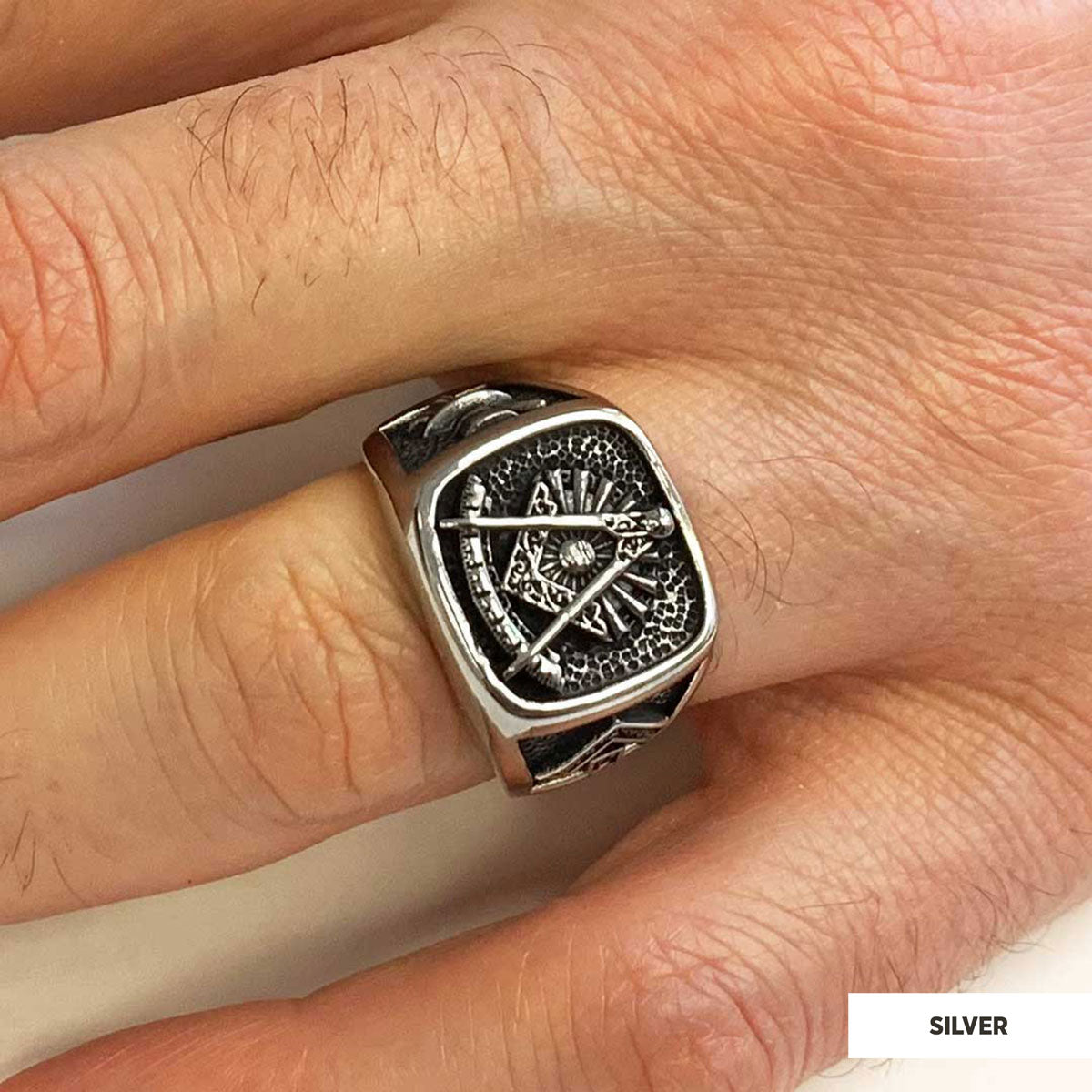 Compass Embossed Masonic Ring, Square Mason Ring, Ancient Lodge Mason Ring - view 5