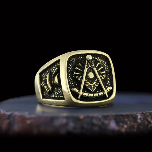 Compass Embossed Masonic Ring, Square Mason Ring, Ancient Lodge Mason Ring - view 1