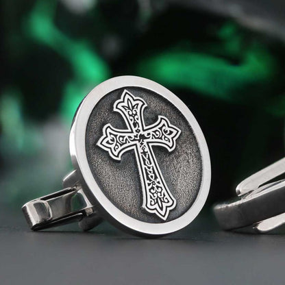 Oval Handmade Silver Christian Cross Cufflink by SWISS PLUS - Christian Collection