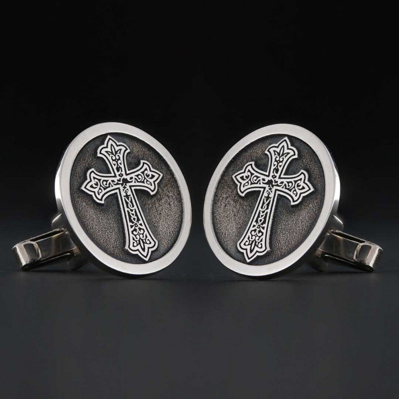 Oval Handmade Silver Christian Cross Cufflink