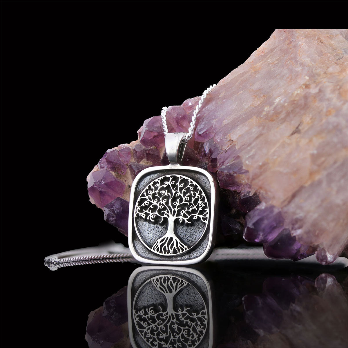 Christian Tree of Life Gold Plated Silver Necklace, Silver Square Tree of Life Necklace, 925 Sterling Silver Christian Pendants Silver