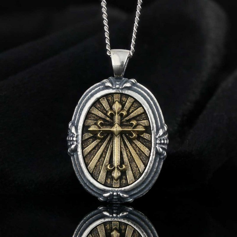 Oval Sterling Silver Christian Cross Pendant