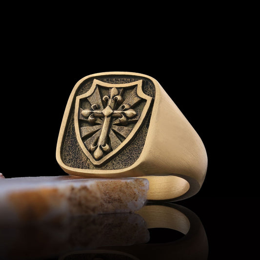 Cross and Shield Ring, Faith Jewelry, Christian Armor Jewelry, Knight's Cross and Shield Ring, Symbol of Protection and Faith, Gift for Himself - view 1