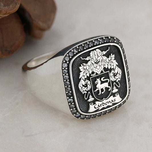 Custom Design Handmade Square Raised Family Crest Ring - view 1