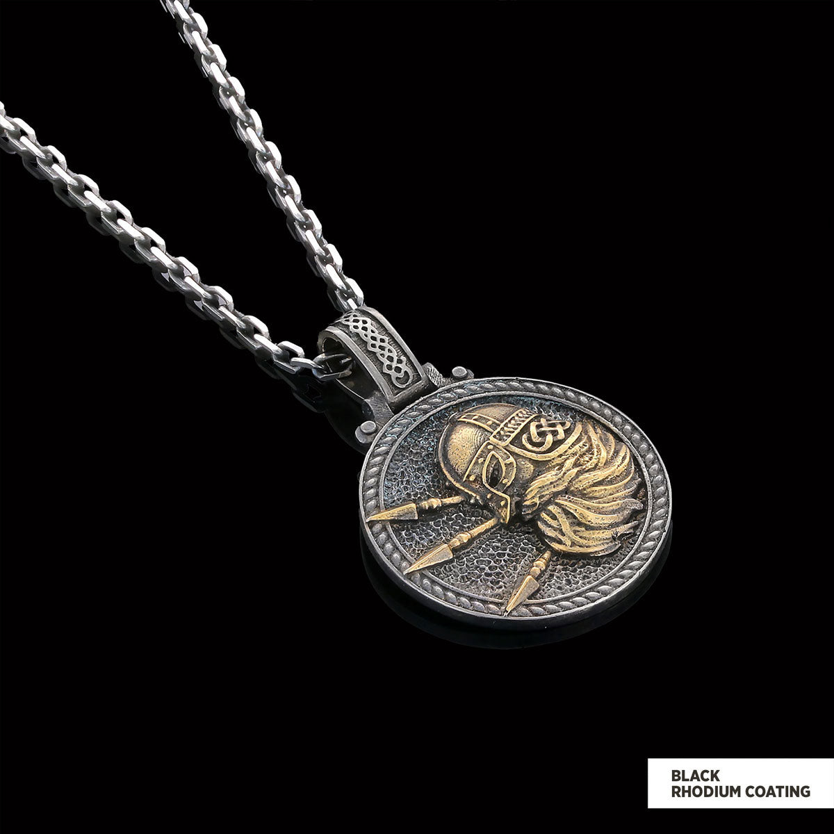 Custom Design Round Shaped Three Spear Viking Necklace Black Rhodium Coating-Chain by SWISS PLUS - Jewish Collection