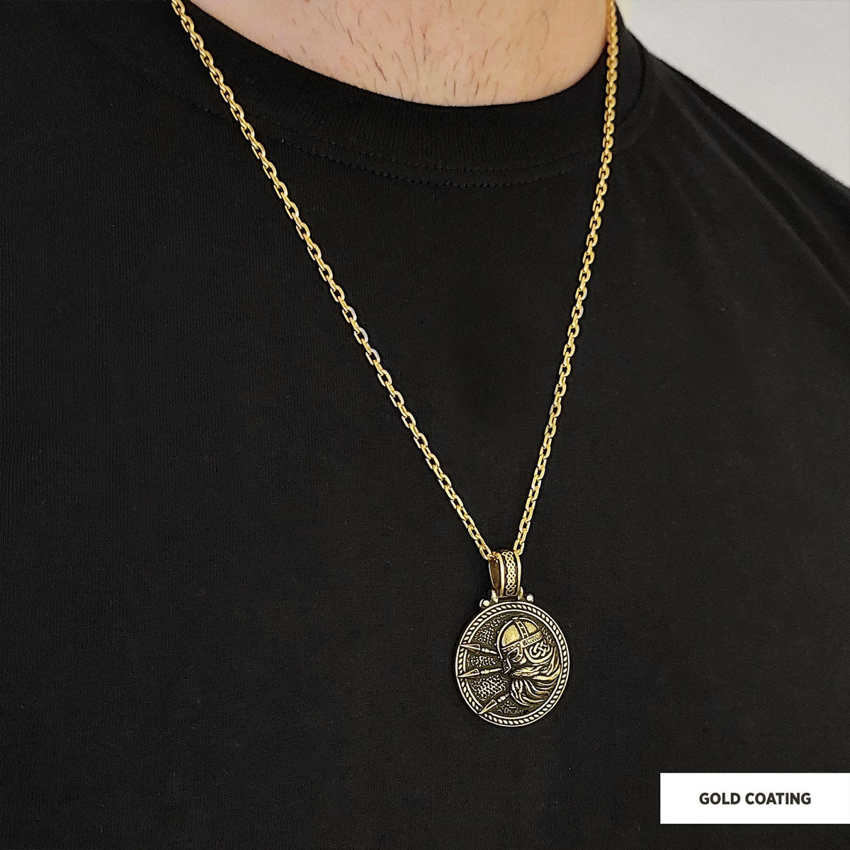 Custom Design Round Shaped Three Spear Viking Necklace Gold Coating-Chain by SWISS PLUS - Jewish Collection - view 2