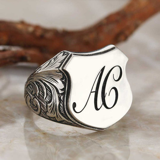 Custom Design Silver Motif A-C Letter Monogram Ring - view 1