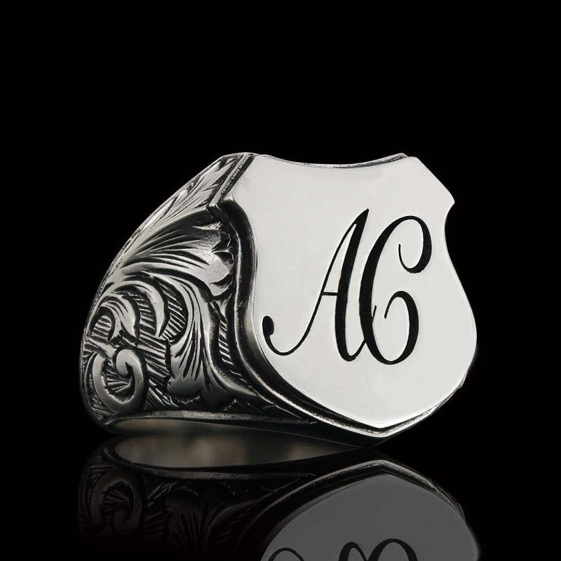 Custom Design Silver Motif A-C Letter Monogram Ring