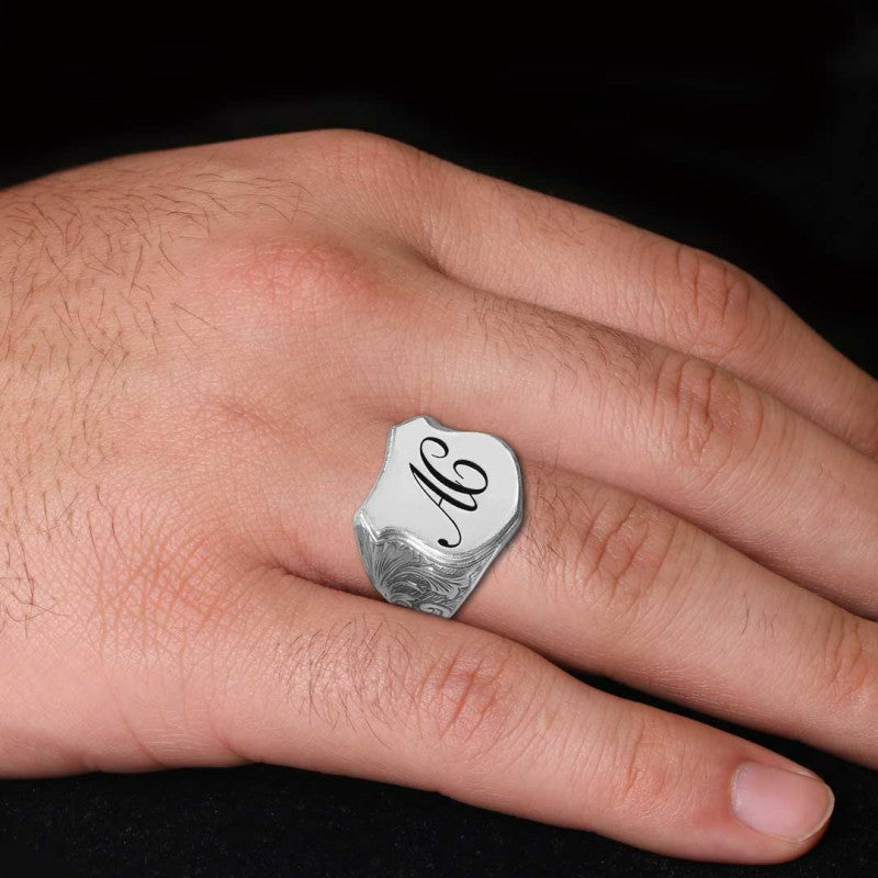 Custom Design Silver Motif A-C Letter Monogram Ring