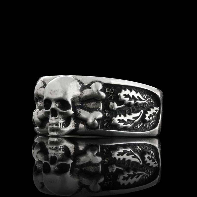 Custom Design Silver Skull Leaf Motif Ring - view 3