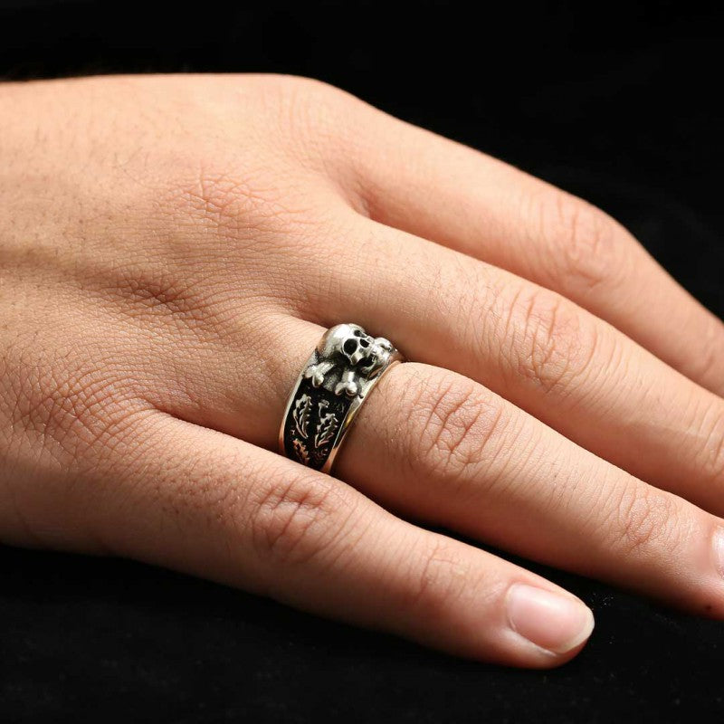 Custom Design Silver Skull Leaf Motif Ring - view 4