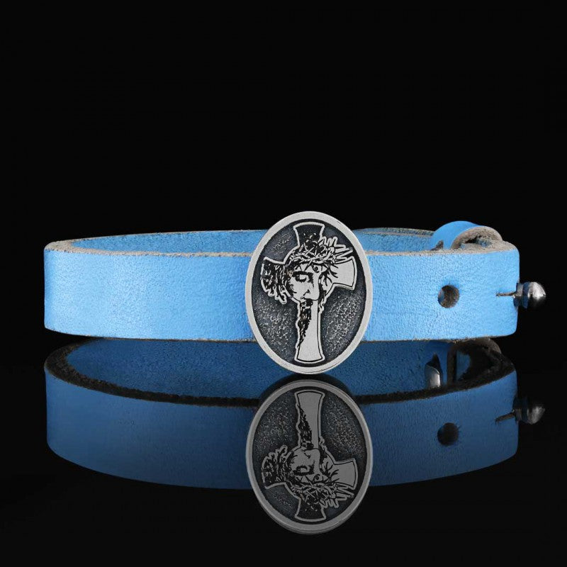 Custom Made Oval Jesus Cross Leather Bracelet by SWISS PLUS - Christian Collection - view 2