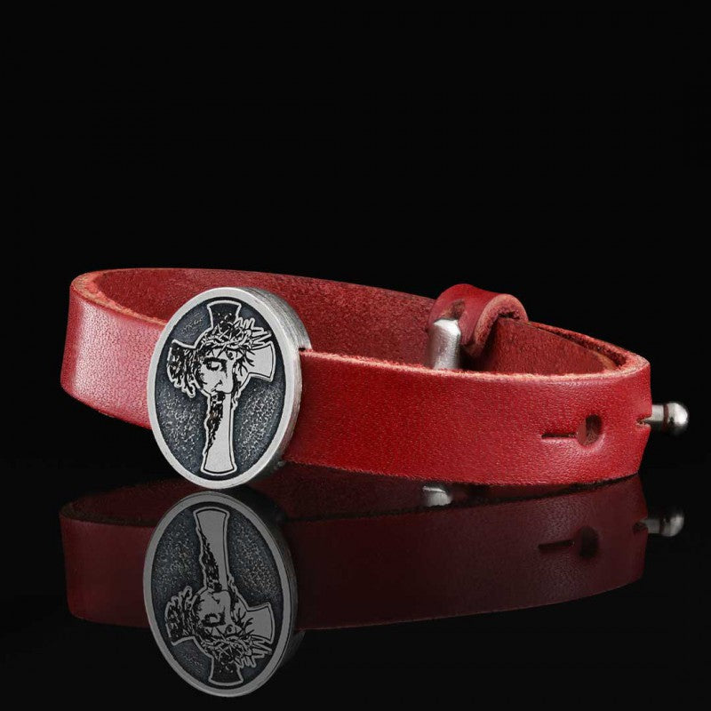 Custom Made Oval Jesus Cross Leather Bracelet - view 3