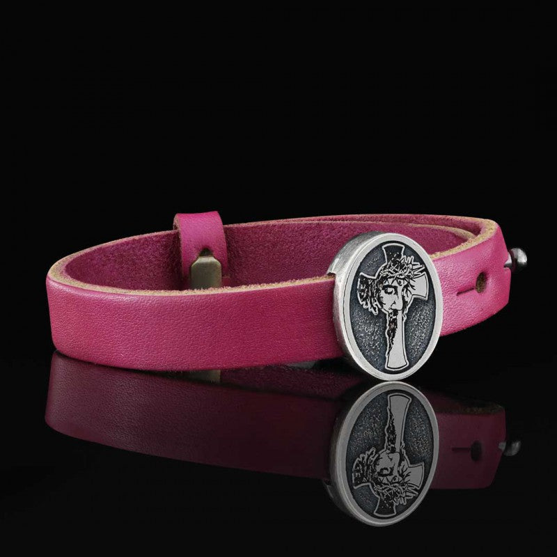 Custom Made Oval Jesus Cross Leather Bracelet