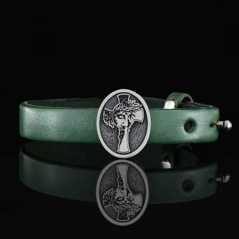 Custom Made Oval Jesus Cross Leather Bracelet