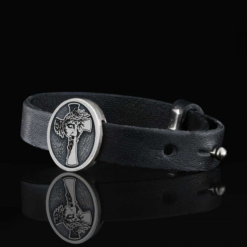 Custom Made Oval Jesus Cross Leather Bracelet