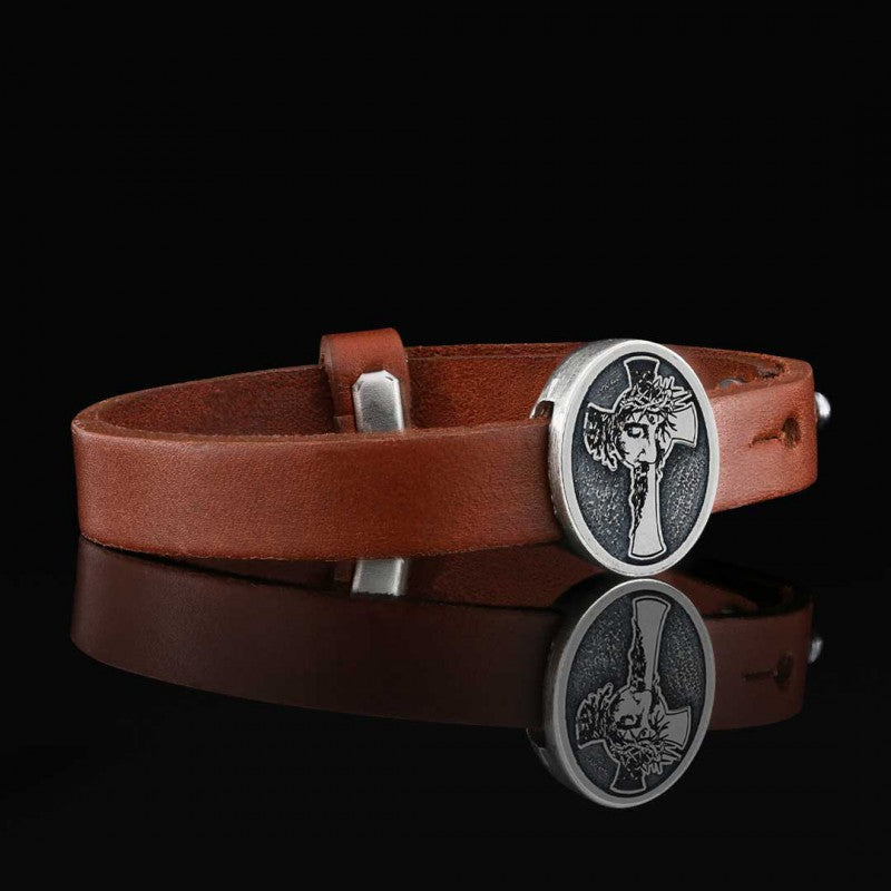 Custom Made Oval Jesus Cross Leather Bracelet - view 7
