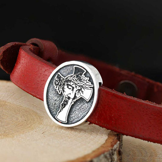 Custom Made Oval Jesus Cross Leather Bracelet - view 1