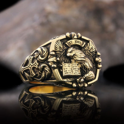 Eagle Of Saint John Apostle Evangelist Cross Pattern Signet Ring, Apostle Evangelist Symbol with Cross Engraving Ring, Christ