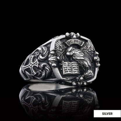 Eagle Of Saint John Apostle Evangelist Cross Pattern Signet Ring, Apostle Evangelist Symbol with Cross Engraving Ring, Christ
