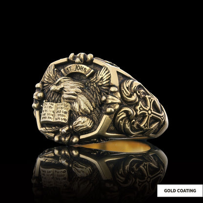 Eagle Of Saint John Apostle Evangelist Cross Pattern Signet Ring, Apostle Evangelist Symbol with Cross Engraving Ring, Christ