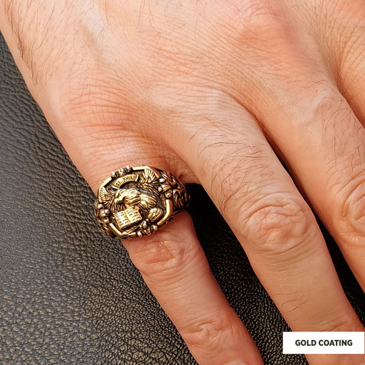 Eagle Of Saint John Apostle Evangelist Cross Pattern Signet Ring, Apostle Evangelist Symbol with Cross Engraving Ring, Christian Men's Ring - view 5