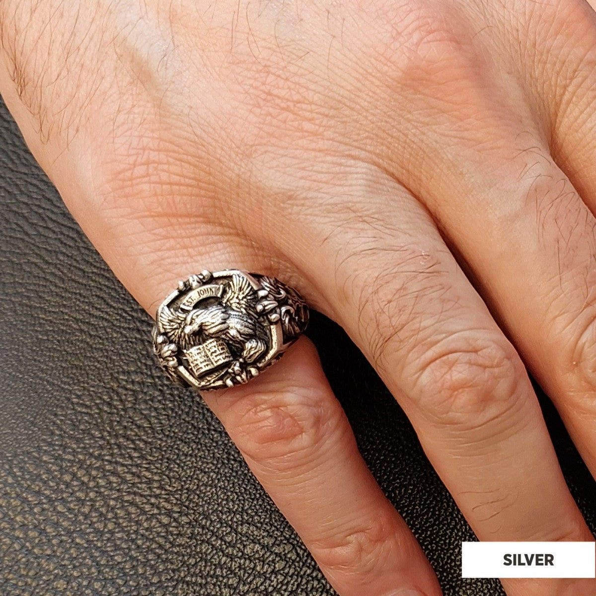 Eagle Of Saint John Apostle Evangelist Cross Pattern Signet Ring, Apostle Evangelist Symbol with Cross Engraving Ring, Christian Men's Ring - view 6