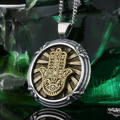 925 Sterling Silver Round Hamsa Pendant by SWISS PLUS - Jewish Collection