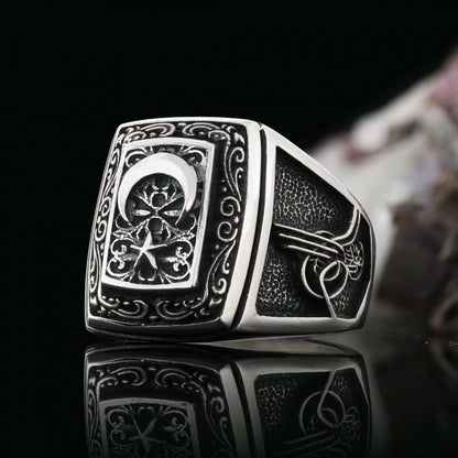 Hand Made Ottoman Engravings Motif Tughra Ring by SWISS PLUS - Ottoman Jewelry Collection