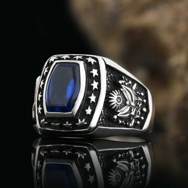 Hand Made Stoned Silver Ring with Stars Men