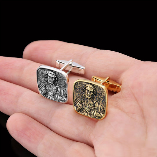 Handcrafted Square Jesus Cufflinks, Christ Religious Cufflinks, Christian Cufflinks, Religious Jewelry, Christ Gold Plated Cufflinks, Messiah Accessory Silver