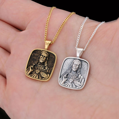 Handcrafted Square Jesus Necklace, Christ Religious Pendant, Christian Necklace, Religious Jewelry, Christ Gold Plated Pendan