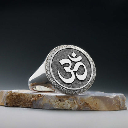 Handmade Special 925 Sterling Silver Round Women Om Buddha Ring by SWISS PLUS - Buddhist Jewelry Collection